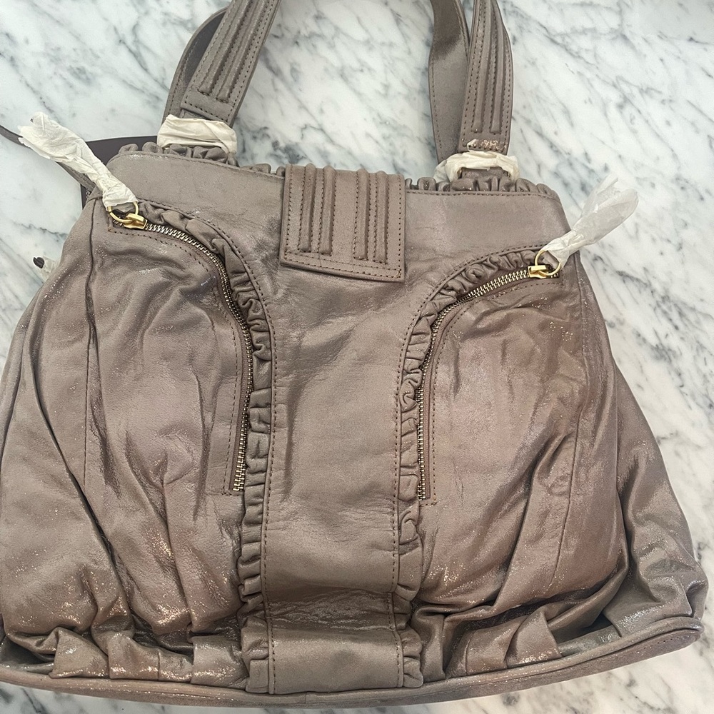 NWT Treesje Metallic Taupe Gray Leather Handbag - Picture 5 of 5
